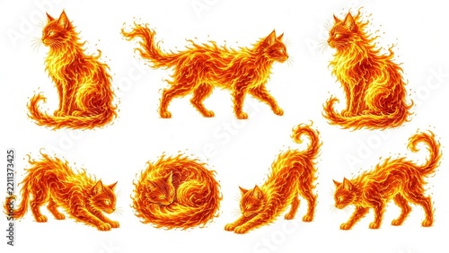Collection of Cats Made of Fire Isolated on White Background