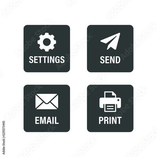 Square Web Action Buttons Settings Send Email Print Icon Line Art Set