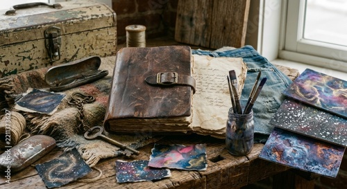 Creative vintage still life on wooden table with leather journal, antique key, denim shorts, old suitcase, galaxy watercolor paintings, paint brushes in jar, and cosmic art cards for artistic concept