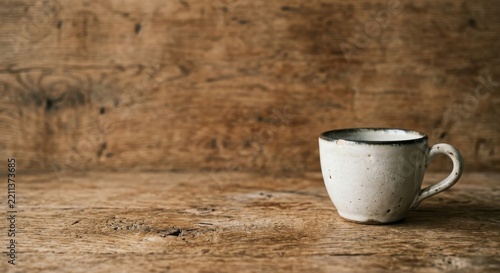 White speckled handmade ceramic mug with dark rim placed on rustic wooden table surface with aged wood plank background, minimalist still life composition