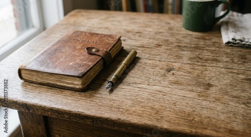 Closed vintage leather journal with embossed text and strap lying on rustic wooden desk with gold fountain pen, blurred window and green mug in background