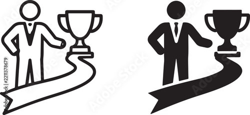 Business success concept with a person standing next to a trophy on a path, vector illustration
