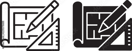 Architectural blueprint icon set with pencil and triangle ruler, vector illustration of construction planning and design tools