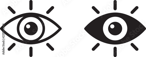 Set of two eye icons with eyelashes, outline and solid style, vector illustration