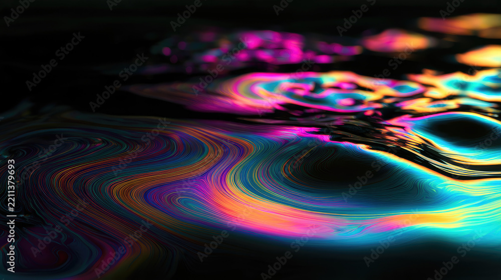 Obraz premium Oil sheen on dark rippling water creates vibrant iridescent magenta and cyan patterns with natural reflection and fluid motion in cinematic close view