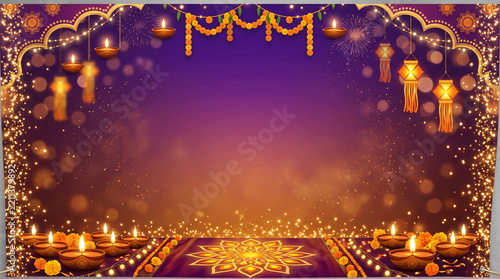 Diwali Festival Background with Glowing Diyas and Marigold Garlands