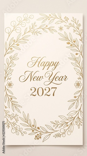 Elegant Happy New Year 2027 greeting card with gold botanical wreath on cream background