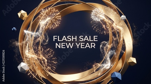 Flash Sale New Year luxury promotional banner with golden abstract rings, sparkling fireworks, and geometric elements on a dark background