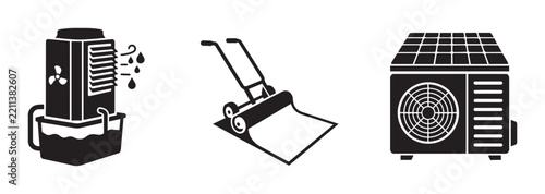 Home Appliance Icons: Air Cooler, Lawn Roller, HVAC Unit, Vector Graphics for Maintenance and Comfort