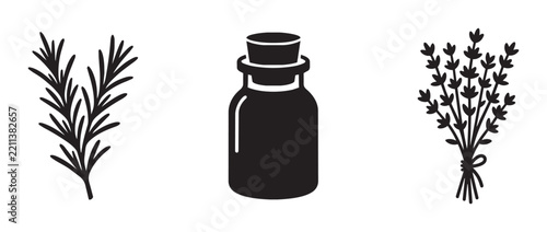 Herbal Essence Icons: Rosemary Sprig, Essential Oil Bottle, Lavender Bunch, Botanical Vector Graphics for Aromatherapy and Natural Wellness