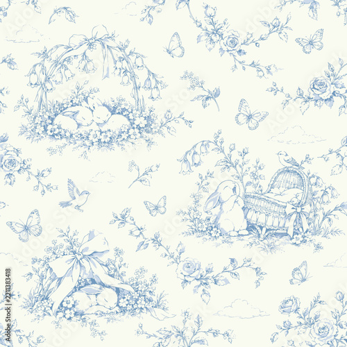 Vintage Blue Toile de Jouy Bunny Seamless Pattern with Rabbits, Roses, Butterflies and Cottage Garden
