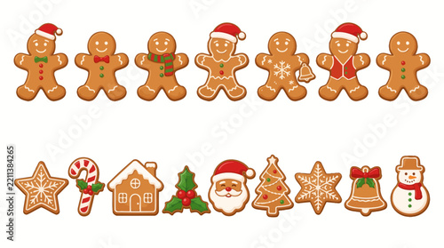 Decorative gingerbread cookies arranged with festive holiday shapes