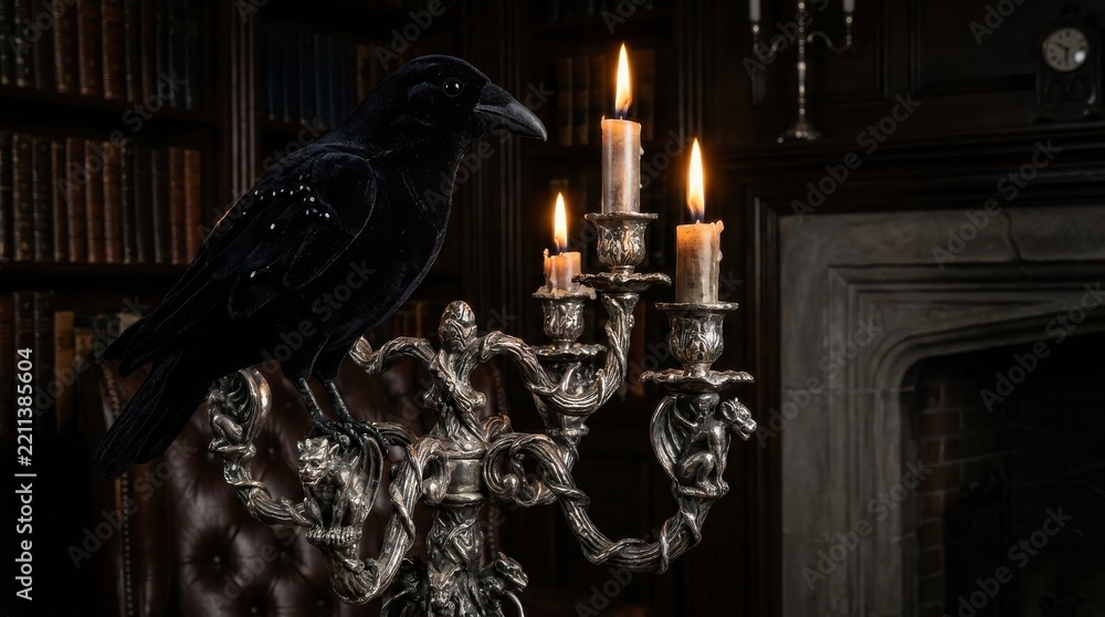 Fototapeta premium Black raven perched on an ornate silver candelabra with lit candles