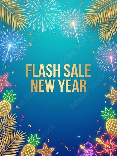 Flash Sale New Year promotional banner with golden text fireworks tropical leaves and neon party icons