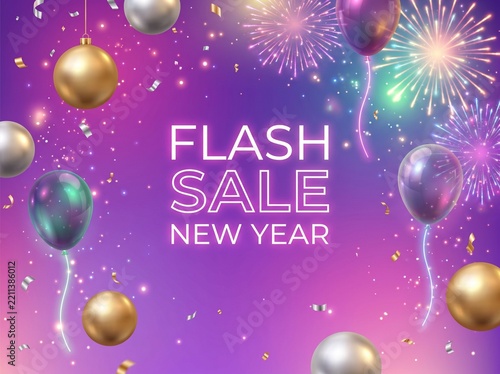 New Year flash sale promotional background with fireworks balloons and gold baubles