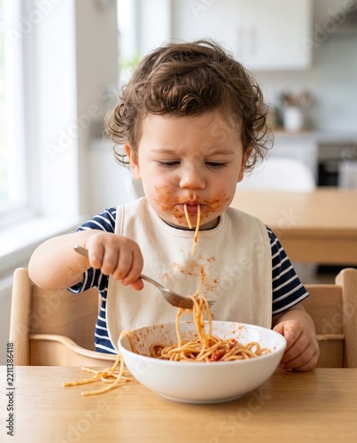 Cute toddler eating spaghetti with tomato sauce on his face in kitchen