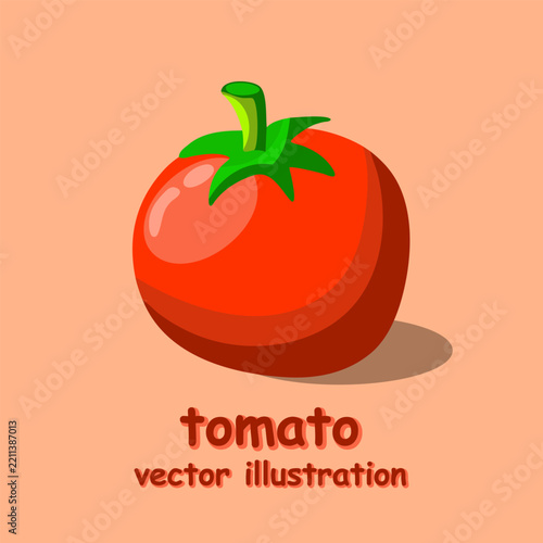 Ripe red tomato with green stem on warm peach background