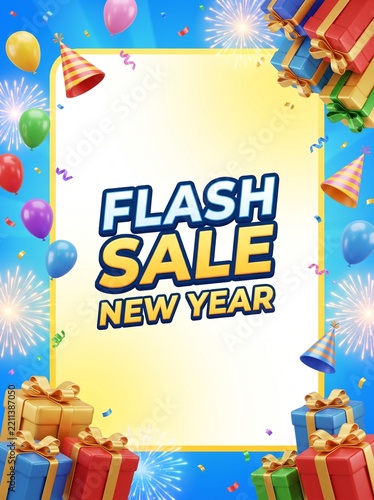 New Year flash sale banner template with gift boxes, party hats, balloons, fireworks, and copy space