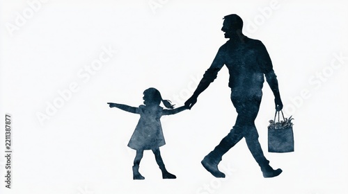 father and daughter silhouettes holding hands while walking and shopping