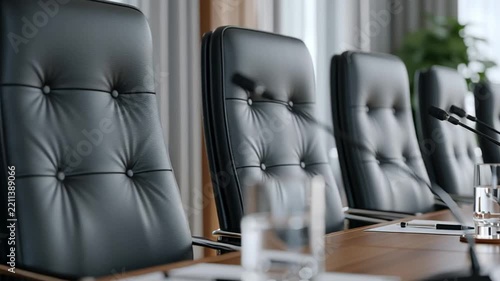 Serene Environment. Empty Black Executive Chairs Positioned At Long Conference Table In Modern Office Setting, Ready For Meeting. Ideal For Business Discussions And Corporate Planning Concept.
