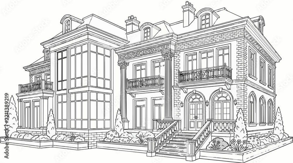 Obraz premium Detailed Modern House Architectural Scene Coloring Page Vector Line Art