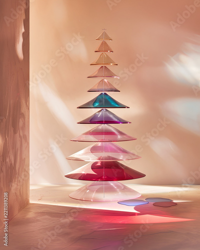 Modern Glass Cone Christmas Tree Sculpture in Warm Pastel Sunlight 