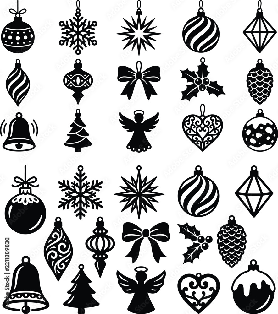 Fototapeta premium Christmas ornaments vector icon set, black silhouette xmas tree decorations collection, holiday baubles and snowflakes design elements