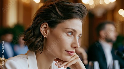 Thoughtful Caucasian Woman In Her 30s Resting Chin On Hand While Deep In Thought At Office Setting. She Is Engaged In A Reflective Moment, Focused On Her Thoughts, Professional Vibe.