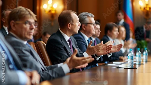 Focused Unrecognizable Man In Formal Suit Using Smartphone While Attending Business Meeting With Colleagues In Meeting Room. Professional Environment And Corporate Setting.