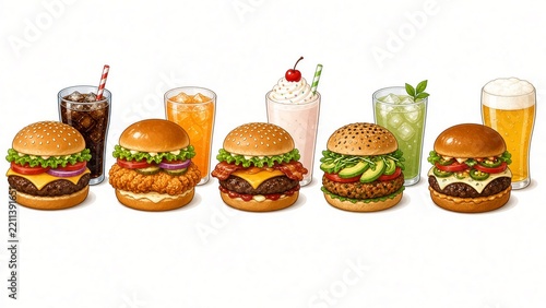 Burger Collection with Different Beverages Isolated on White Background