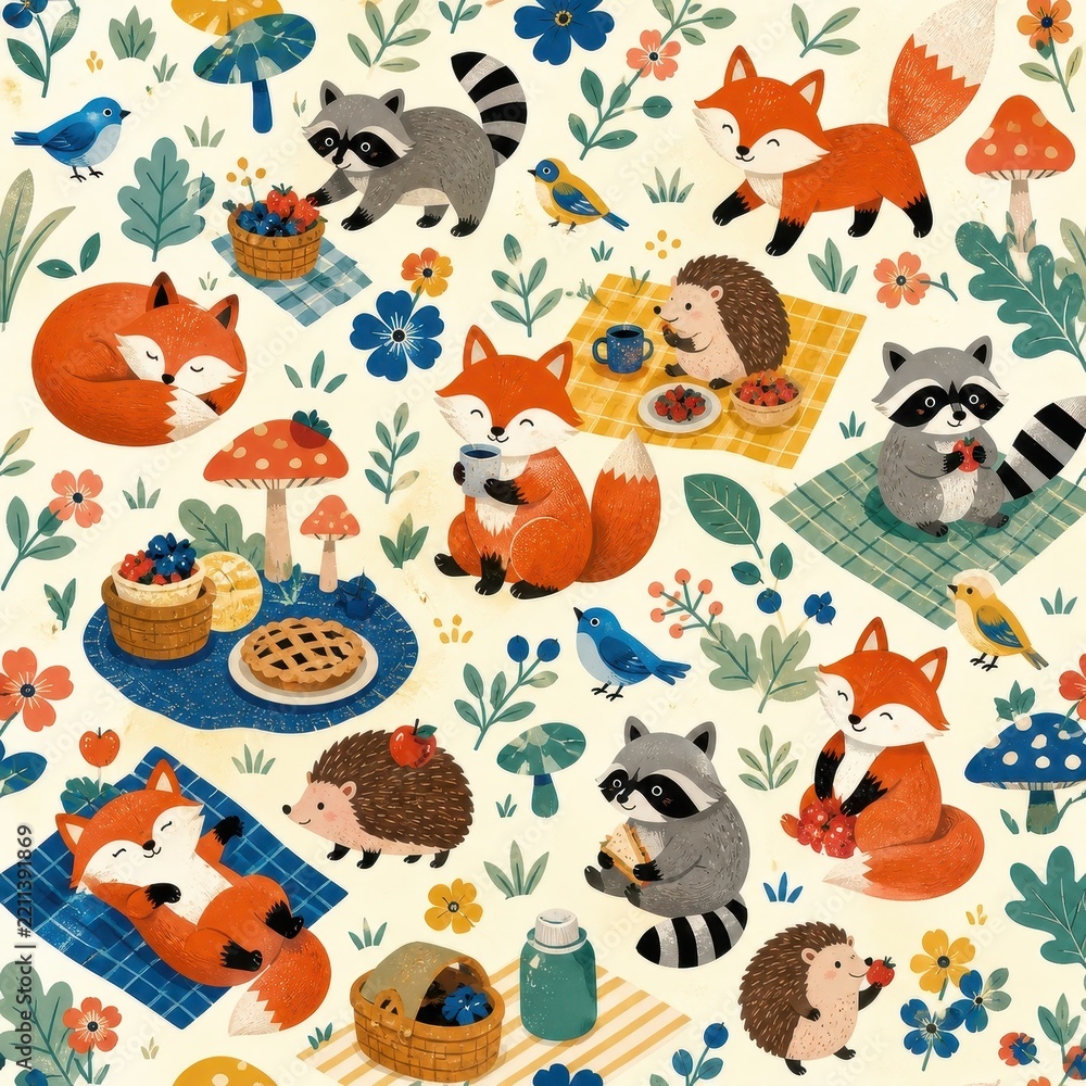 Fototapeta premium Whimsical woodland animals picnic floral seamless pattern illustration