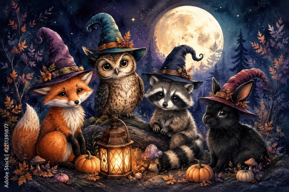Fototapeta premium Whimsical woodland witch animals beneath glowing harvest moon