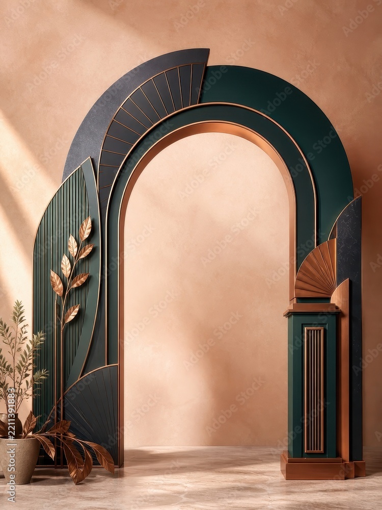 Fototapeta premium Art Deco arched doorway with botanical accents and warm luxury decor