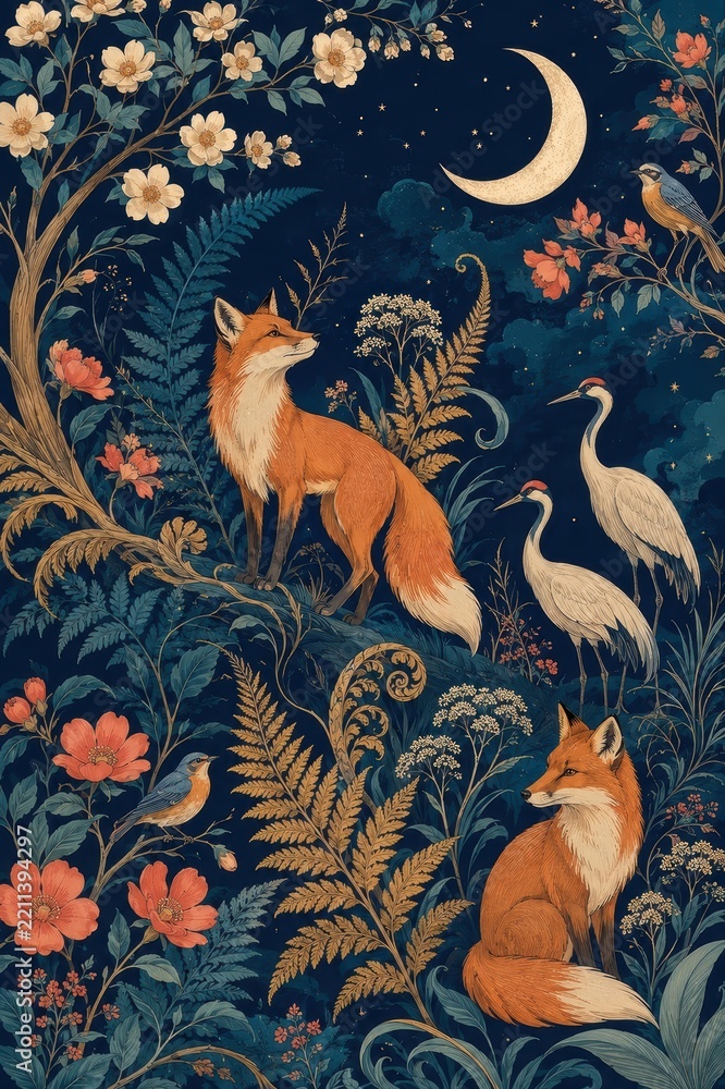 Fototapeta premium Enchanted foxes, cranes and moonlit floral forest illustration