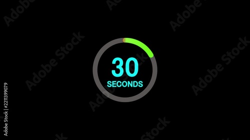 30 second timer icon animation. 30 seconds circular timer countdown on black background,