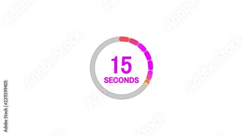 Stylish 15 seconds animation lights colors and circle animation countdown timer on white bg. Circle shaped smooth animated indicator. Gradient 15 second on white background.