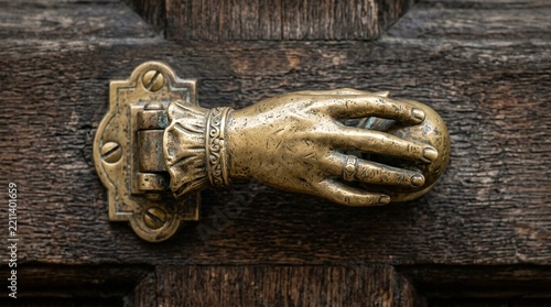 Antique Brass Hand Door Knocker on Wooden Door