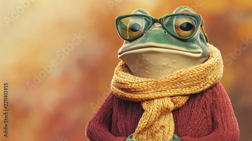 Stylish Frog in Glasses and Scarf Enjoying Autumn