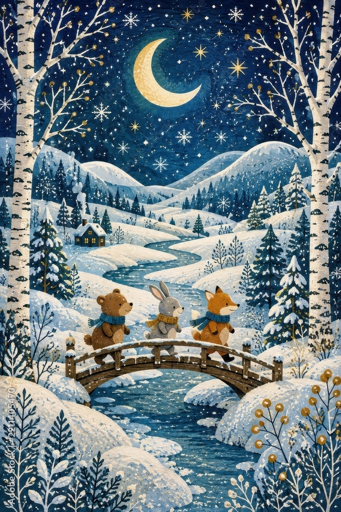 Fototapeta premium Whimsical woodland animals crossing snowy bridge beneath moonlit stars