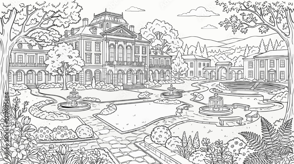Obraz premium University Campus Nature Landscape Coloring Page Vector Line Art