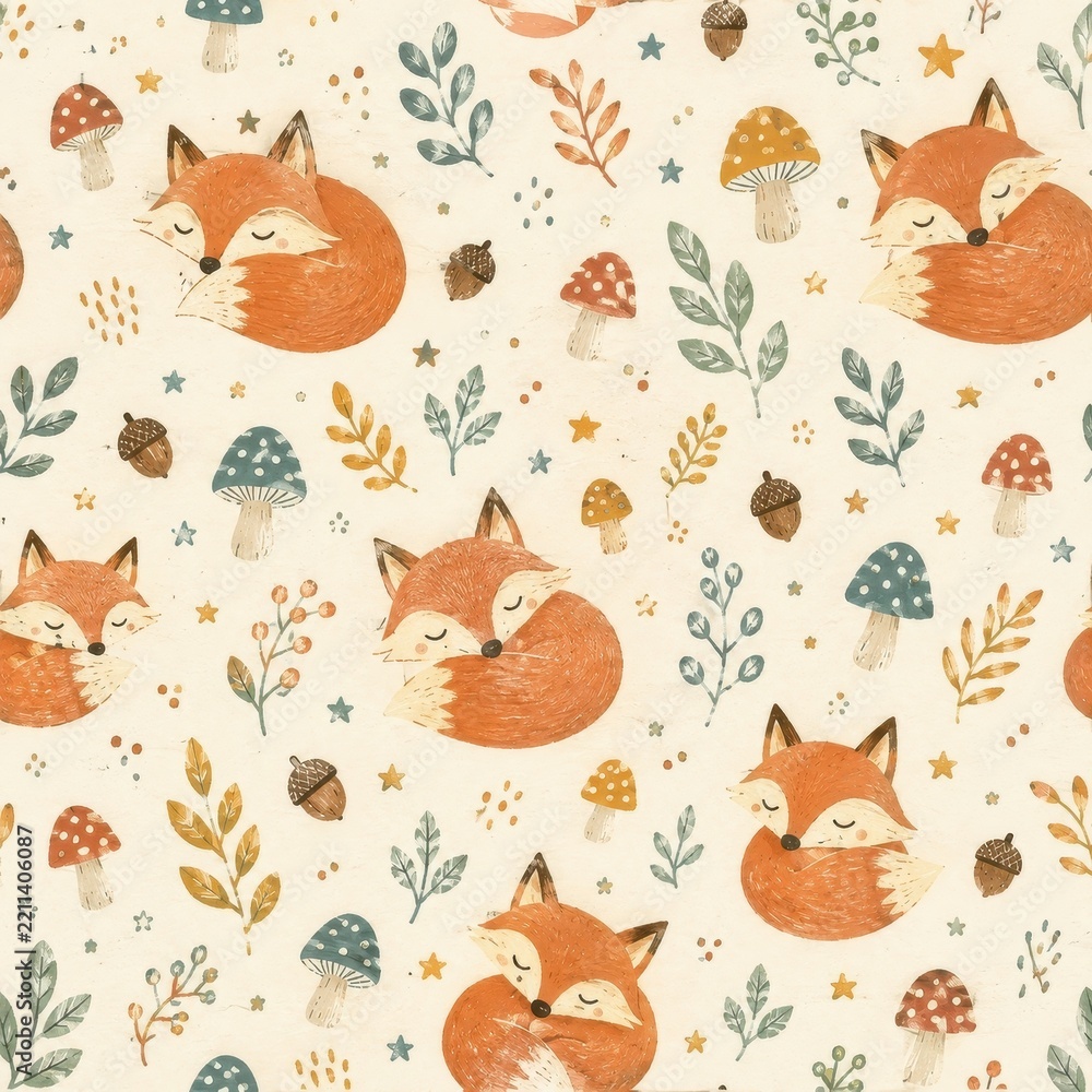 Fototapeta premium Cute woodland foxes, mushrooms, leaves and stars seamless pattern