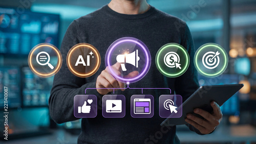 The advertising specialist points to the advertising icon, next to which are icons for SEO, GEO, targeted advertising, and contextual advertising.