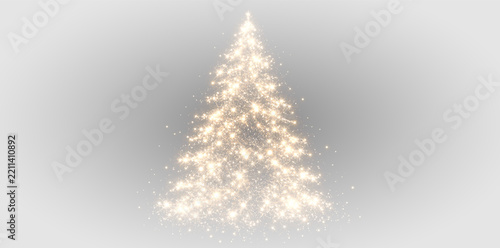Golden sparkle Christmas tree PNG overlay with luminous lights and glitter particles, on transparent background
