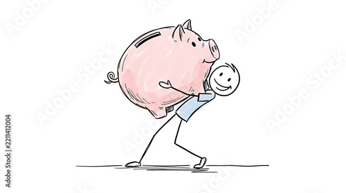 Hand drawn stick figure carrying a large heavy pink piggy bank on back representing financial growth, savings commitment, personal investment, and wealth management concept illustration