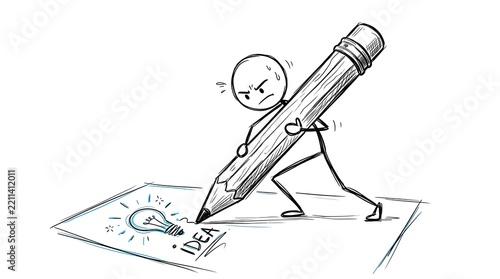Hand Drawn Stick Figure Character Holding Giant Pencil Creating Creative Idea Concept with Light Bulb Illustration Sketch on White Background for Business Inspiration and Problem Solving Process