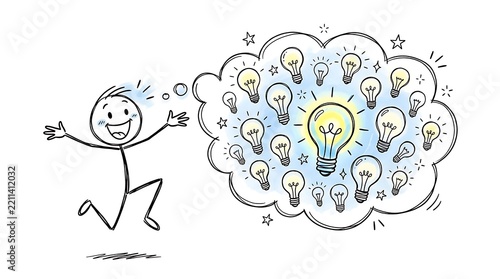 Happy Stickman Character Jumping with Joy Having a Great Creative Idea Represented by a Thought Bubble Filled with Many Glowing Light Bulbs and Shining Stars on White Background Illustration