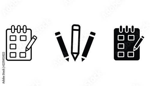 Calendar and Pencil Icons Set – Schedule Planning and Note Taking Black Vector
