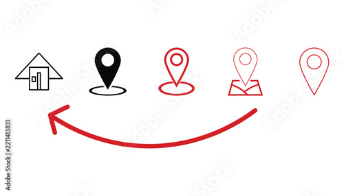 Location Pin and Navigation Icons Set – Map Marker, Home and Route Vector Illustration
