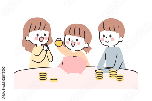 豚の貯金箱にお金を入れる親子のイラスト