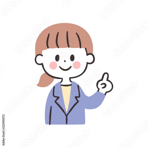 人差し指を立てて案内するスーツ姿の女性のイラスト